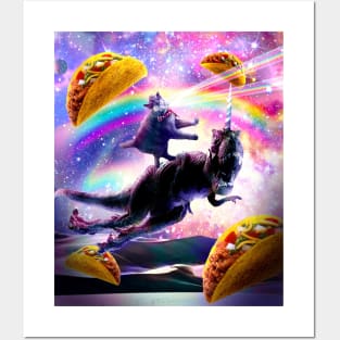 Laser Space Cat On Rainbow Dinosaur Unicorn - Taco Posters and Art